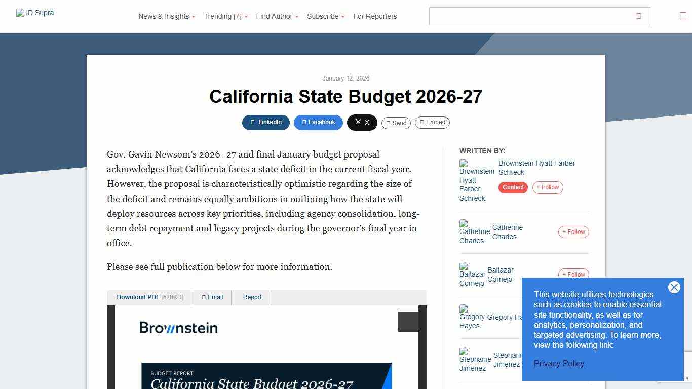 California State Budget 2026-27 | Brownstein Hyatt Farber Schreck - JDSupra